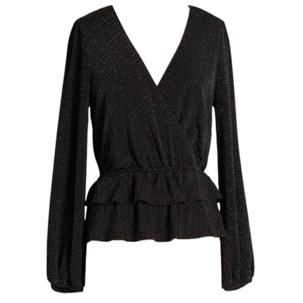 NWT ModCloth Layered In Luminosity black balloon long sleeve blouse metallic XS